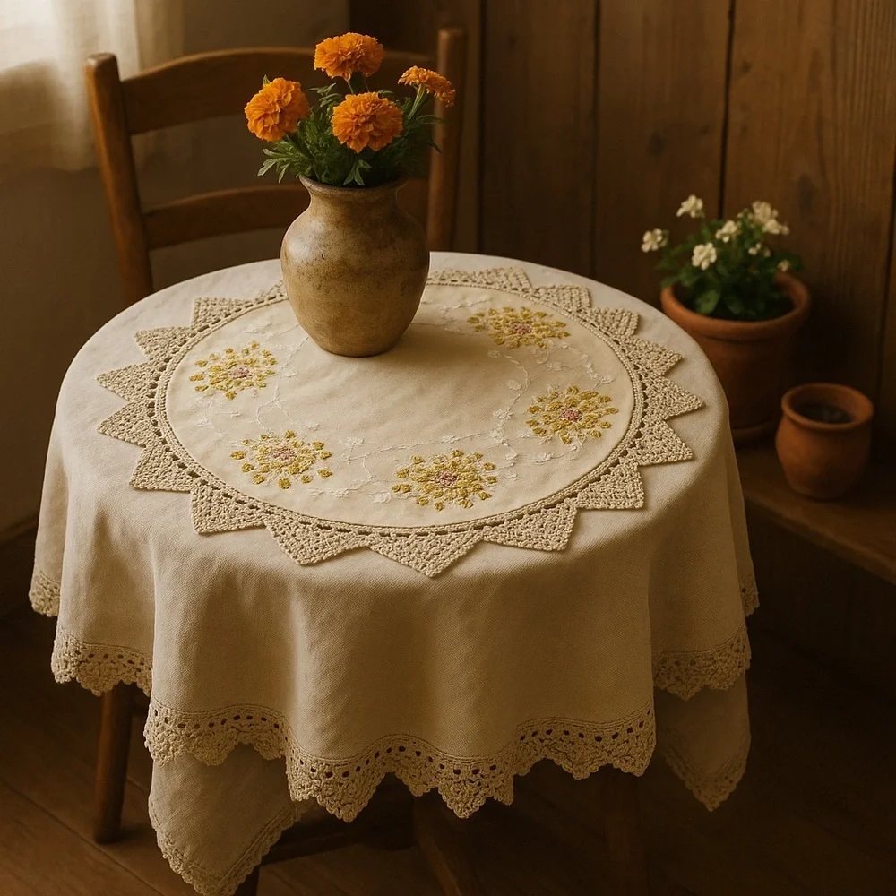 Vintage Round Embroidered Table Topper with Crochet Trim – 37”x34”